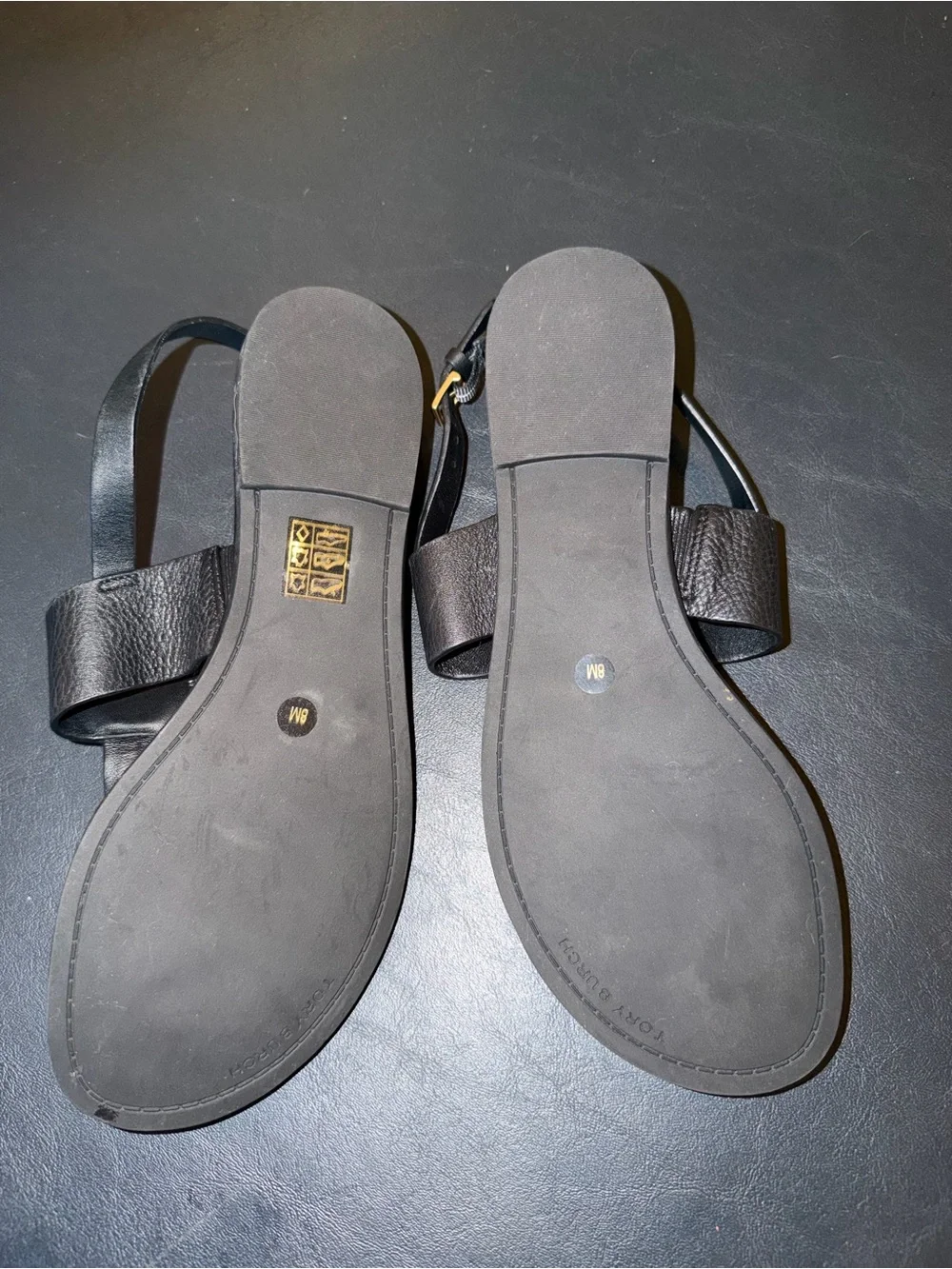 Tory Burch Benton 2 Black Ankle Strap Sandals with Gold Emblem-Size 8